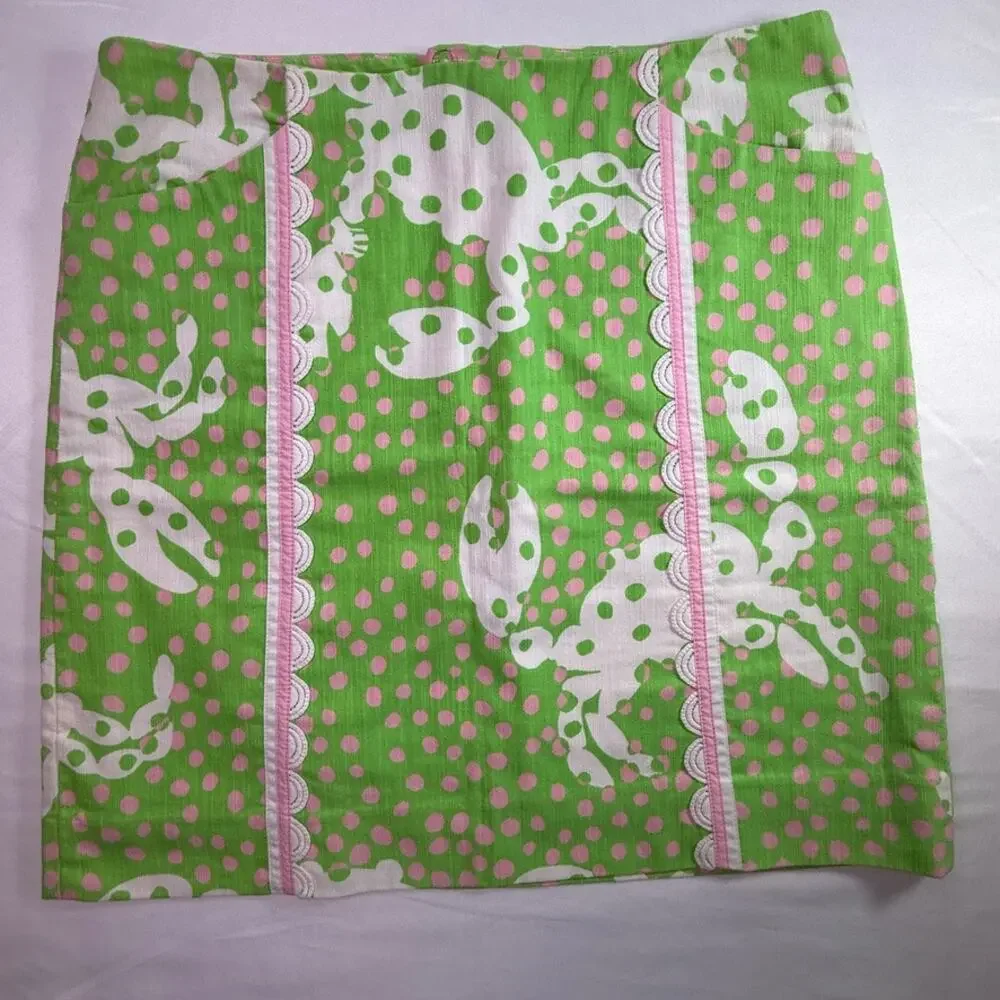 Lilly Pulitzer Originals Pink Green Crab Print Cotton Mini Skirt Coastal Size 2